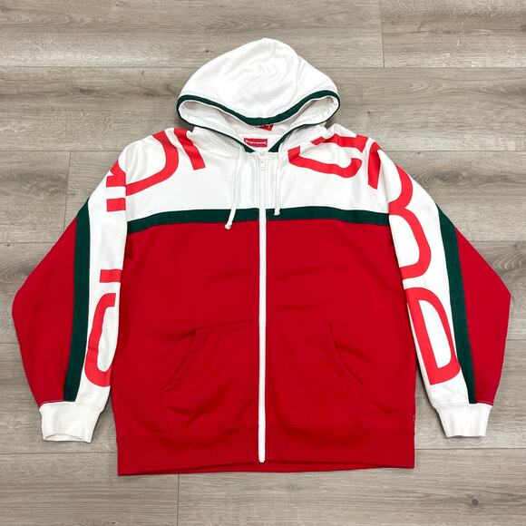 SS20 Supreme Big Logo Paneled Zip Up Red Hoodie Sweater Hoodie Size Medium M - Picture 1 of 4